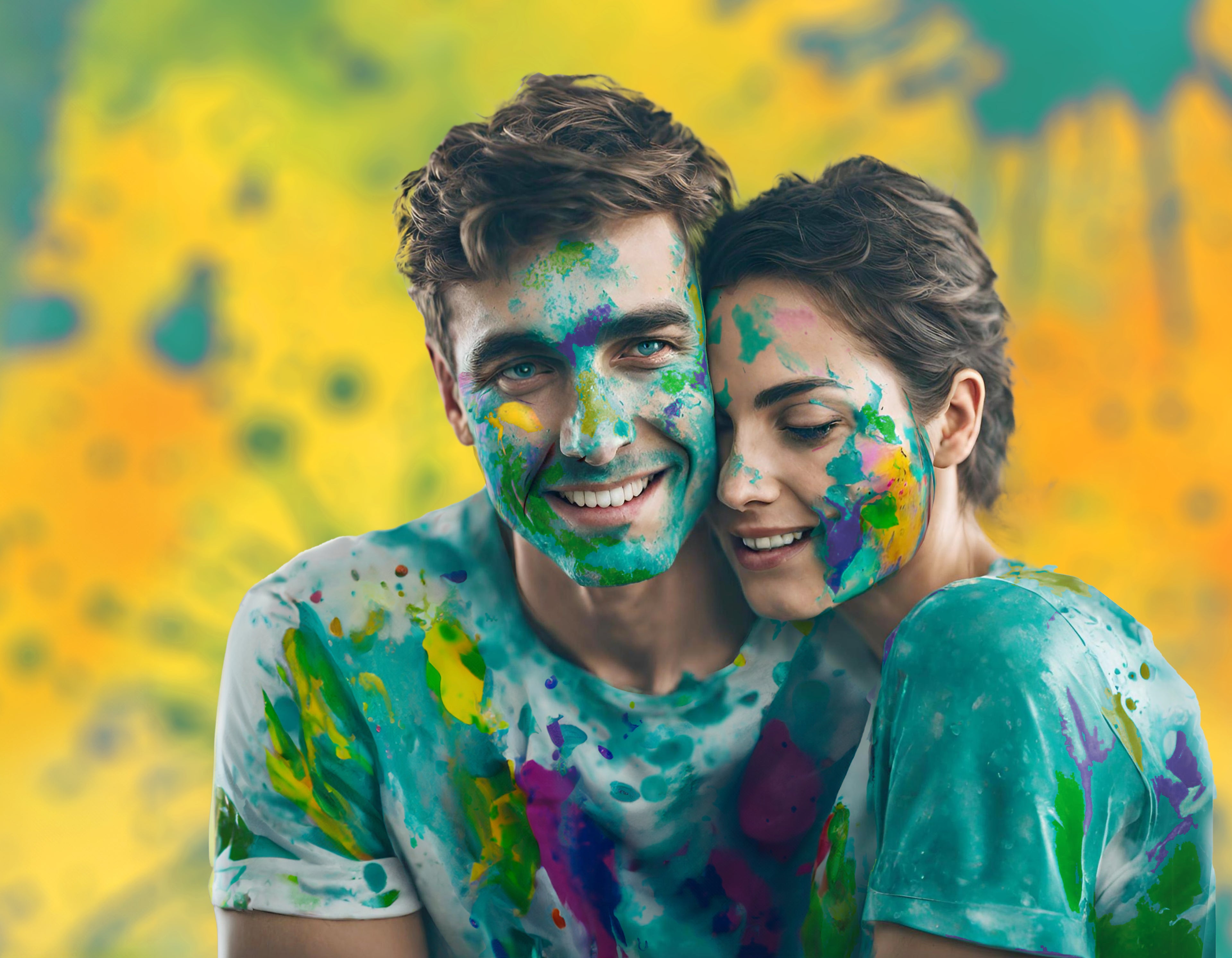 Man and woman with teal, purple, yellow, and blue paint splashed on face and clothes. Representing GoldN's lab testing from home.