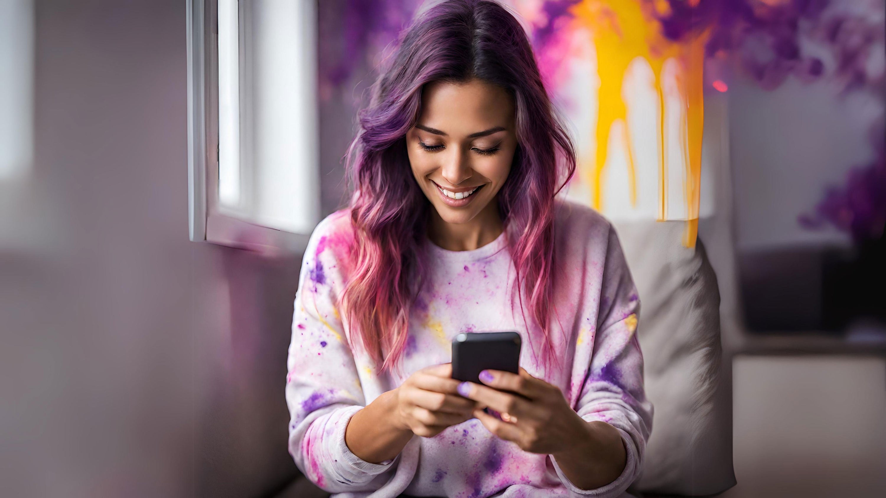 Girl looking at her phone with pink, purple, and yellow paint splashed on and around her representing at home lab testing with results sent direct to your phone by GoldN.