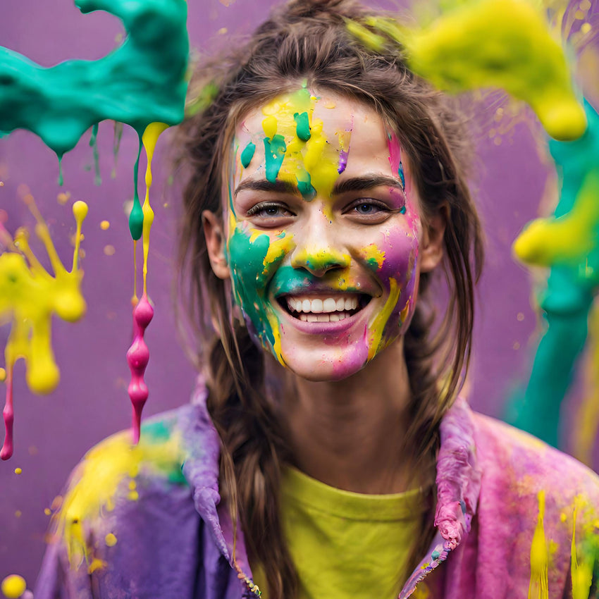 Girl with multi-color paint splashed on her face and background representing GoldN's at-home lab testing.