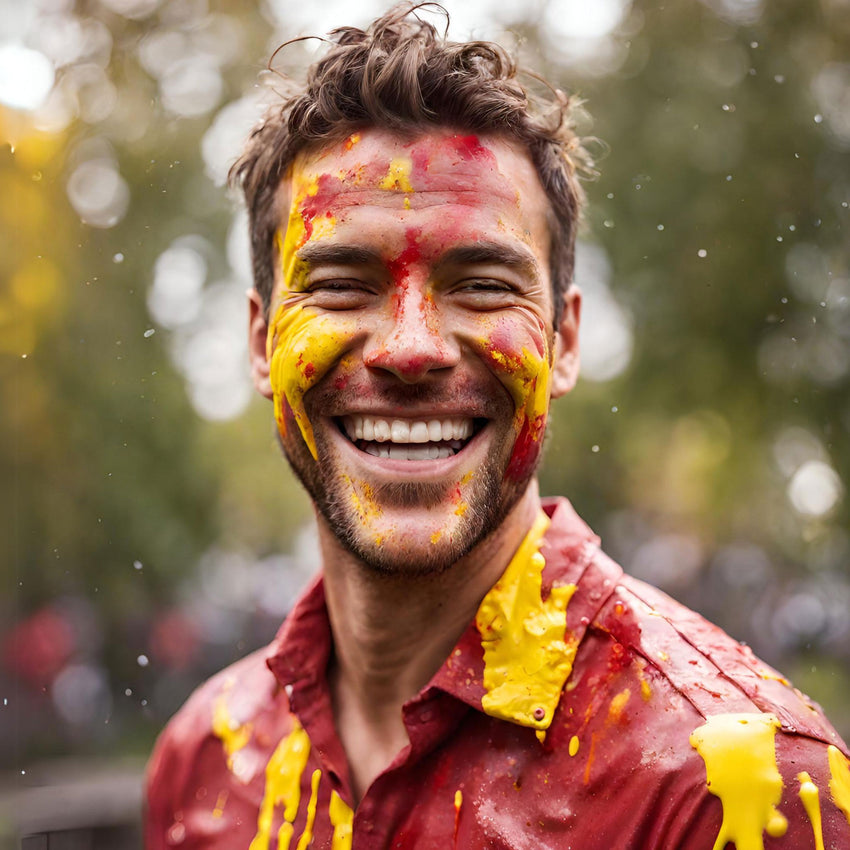 Man with red and yellow paint splashed on his face and background representing GoldN's at-home cardiology lab testing.
