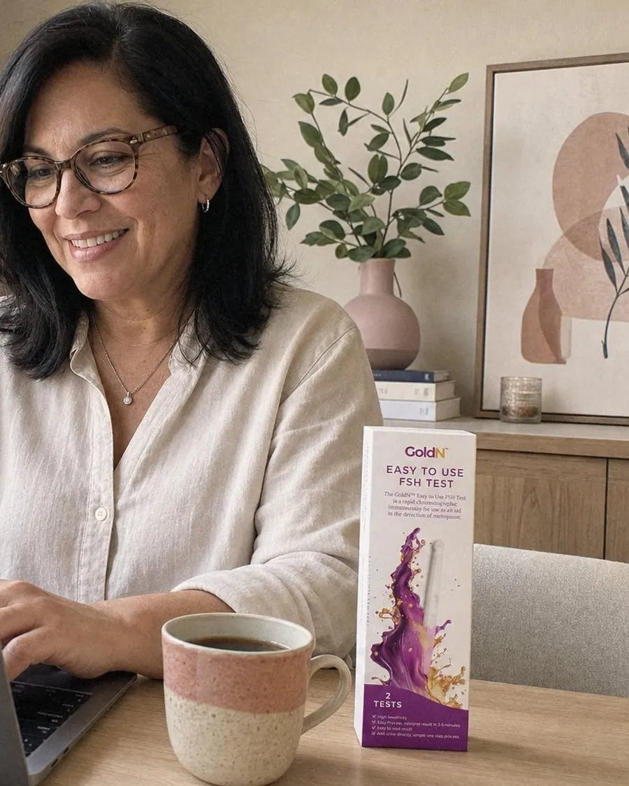 Woman working at a home desk, a GoldN FSH Test box beside her mug
