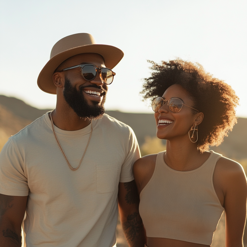 Man and woman outdoors, smiling.