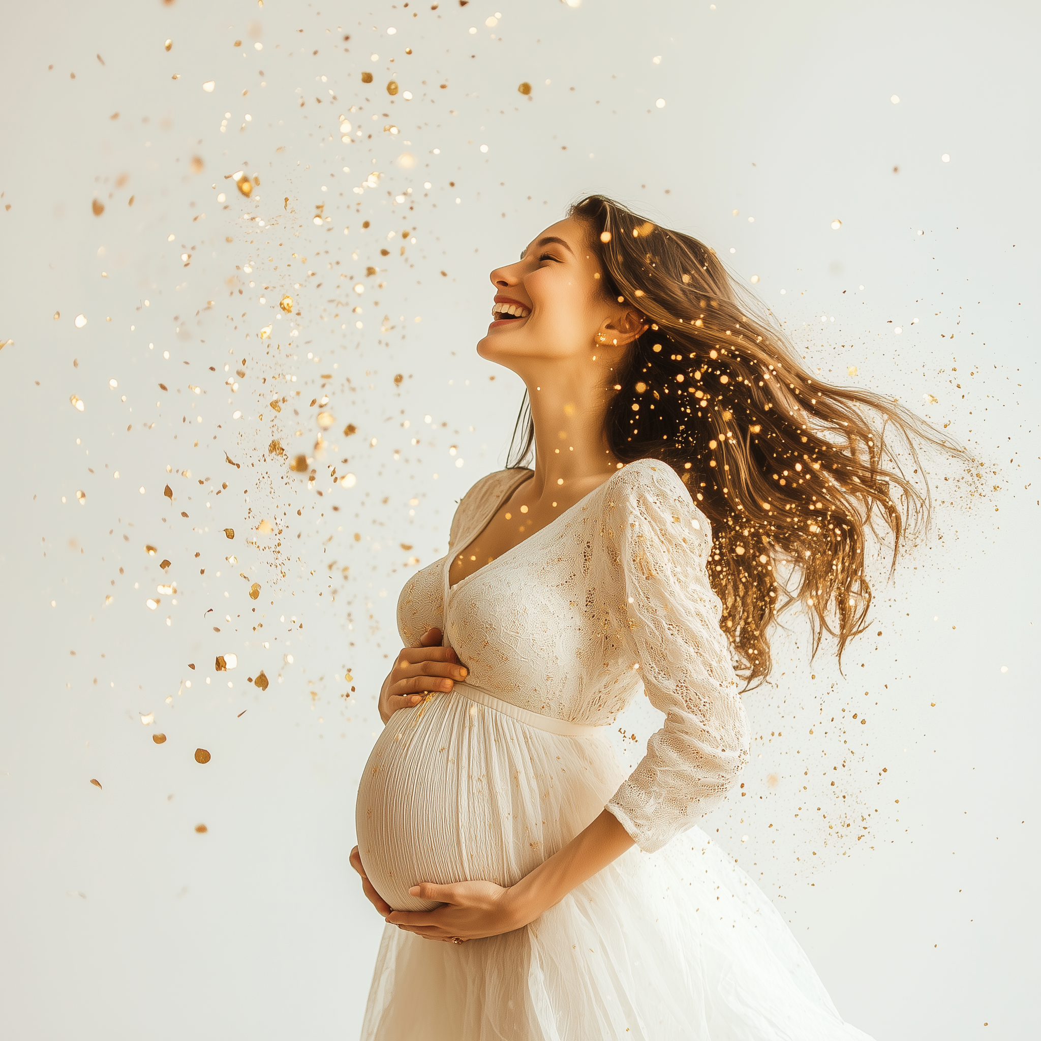 Happy pregnant woman in white dress with gold around her. Are you GoldN? Optimizing her fertility with GoldN testing.