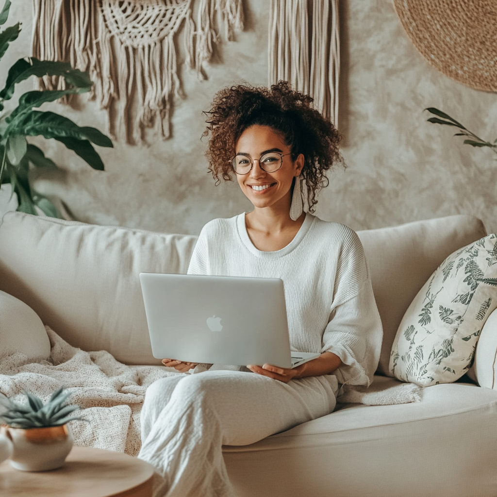 Woman on couch with computer to represent how AI is changing healthcare.