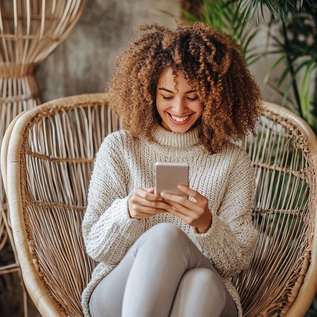 Woman sitting in a chair checking her rapid diagnostic testing results on her phone.