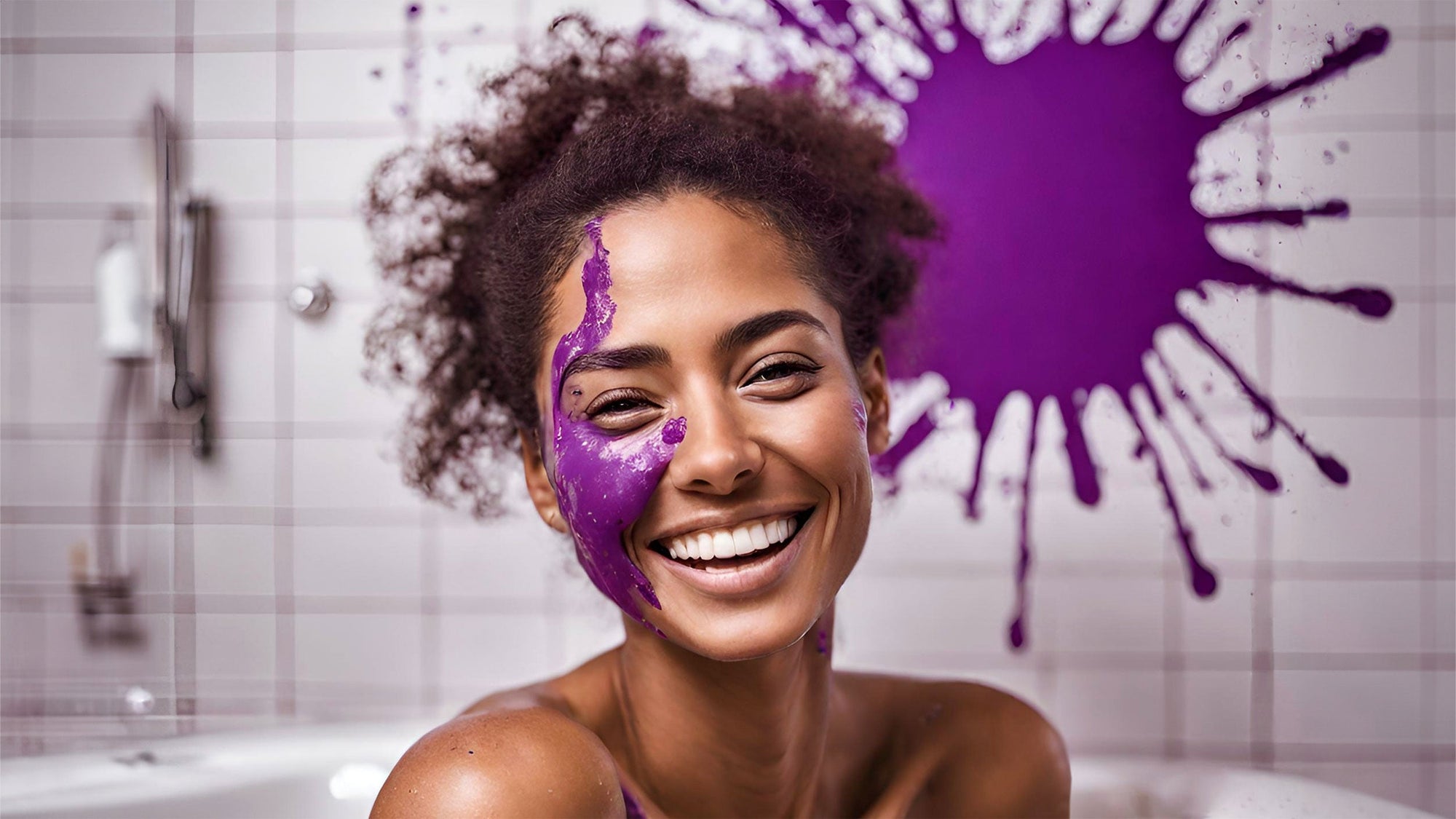 woman in a bathroom with purple paint splashed on her face and background representing testing for female hormones. 