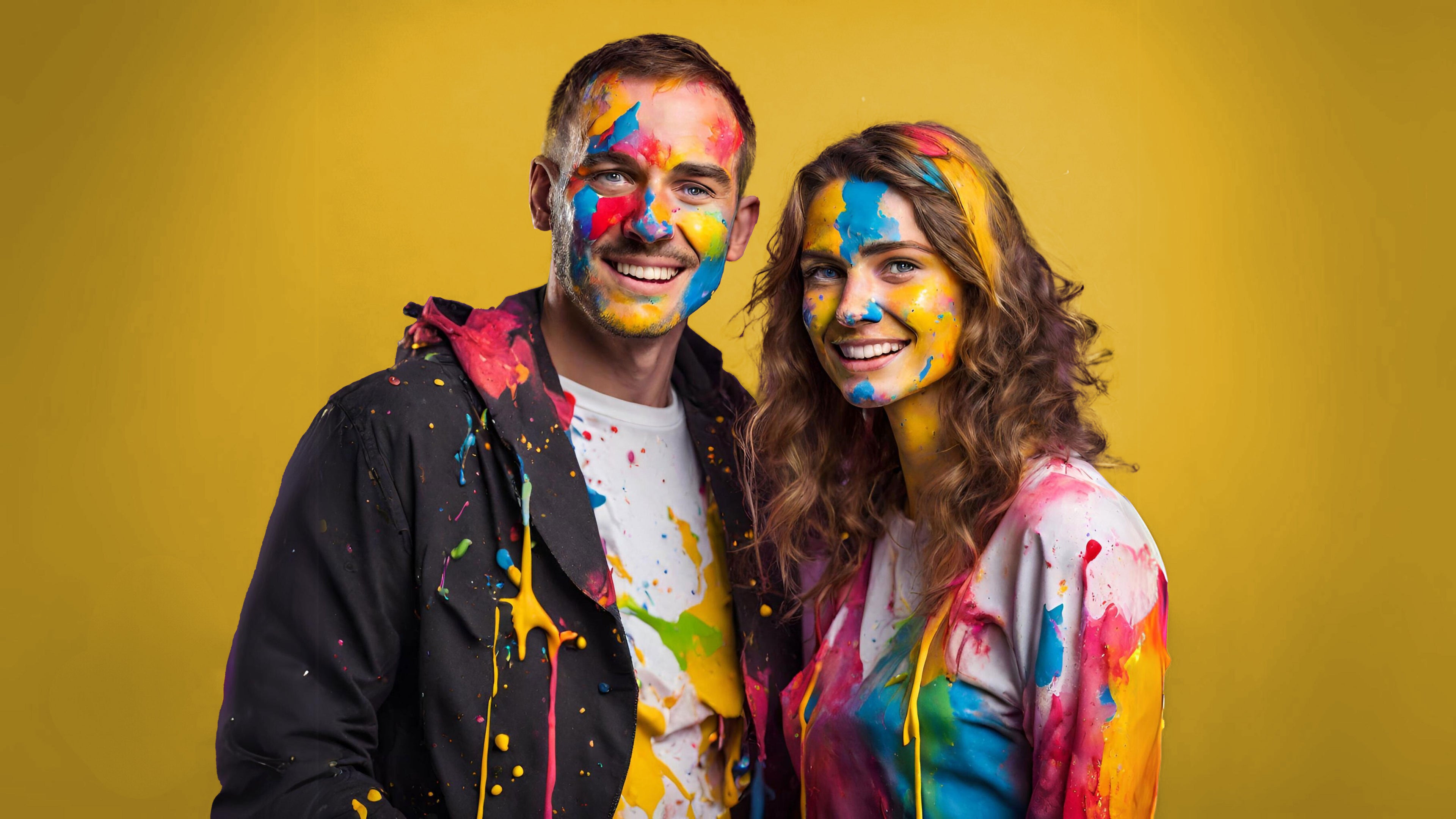 Couple in front of a yellow background with blue, red, green, and yellow paint splashed on their faces representing GoldN's at-home lab testing kits.