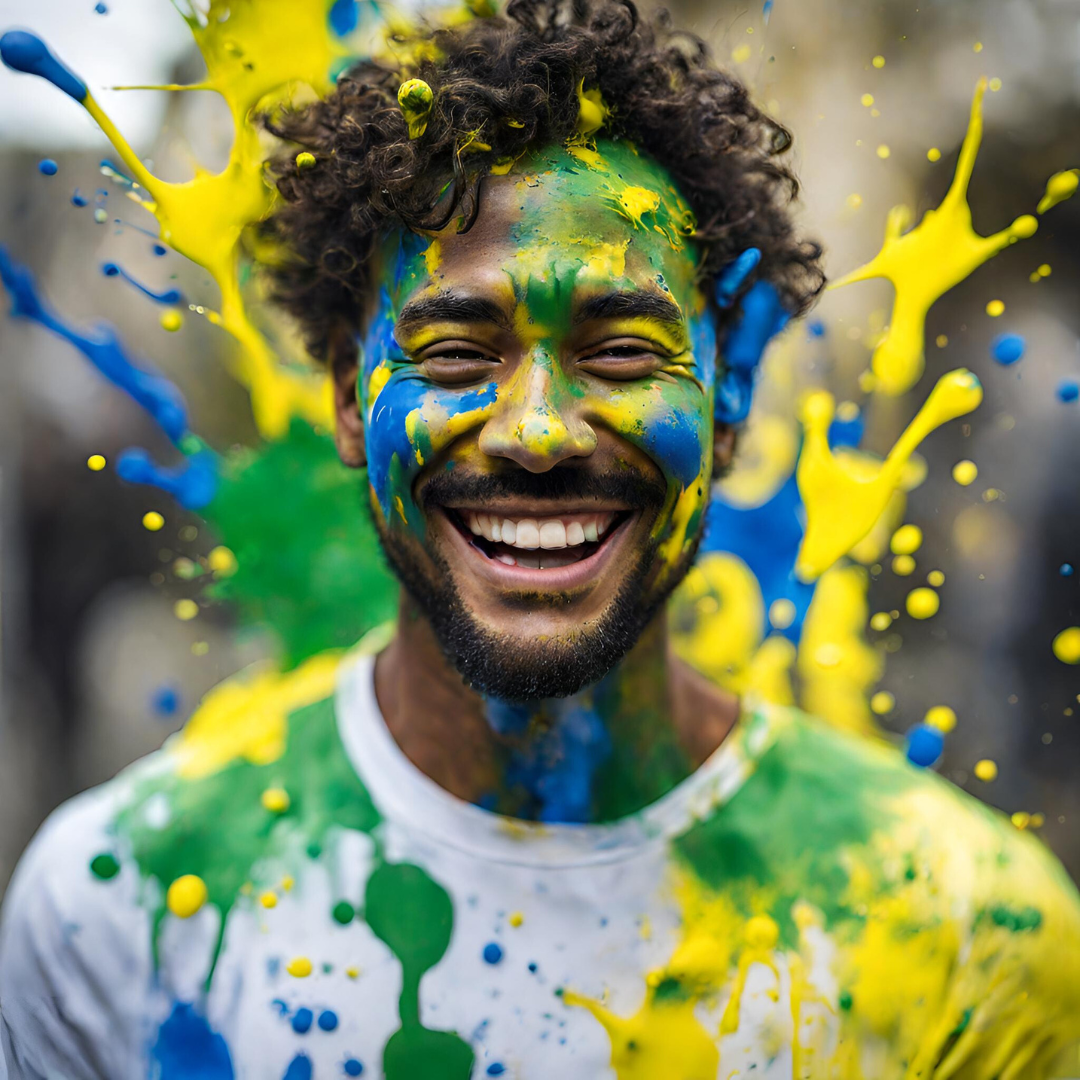 Happy man with multi-color paint splashed on his face and background representing GoldN's at-home lab testing.
