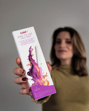 GoldN FSH test box held close to the camera, front label in focus
