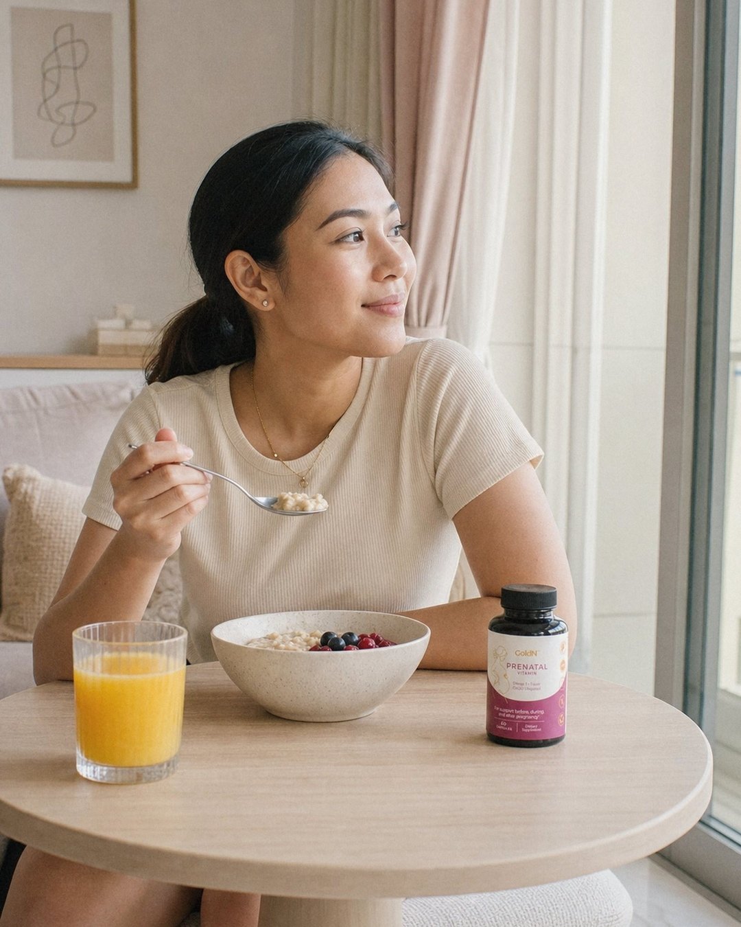 Woman having oatmeal at a round table, GoldN Prenatal bottle beside her bowl
