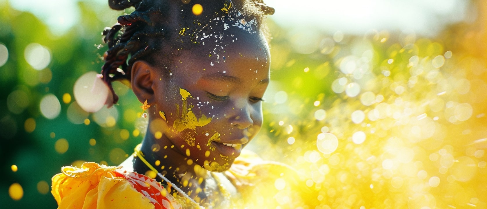 Young Girl with yellow paint splashed on her face and background representing GoldN's at-home lab testing.