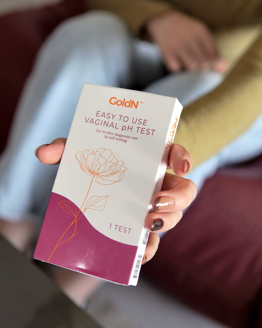 Close-up of the GoldN vaginal pH test box with the front label in focus