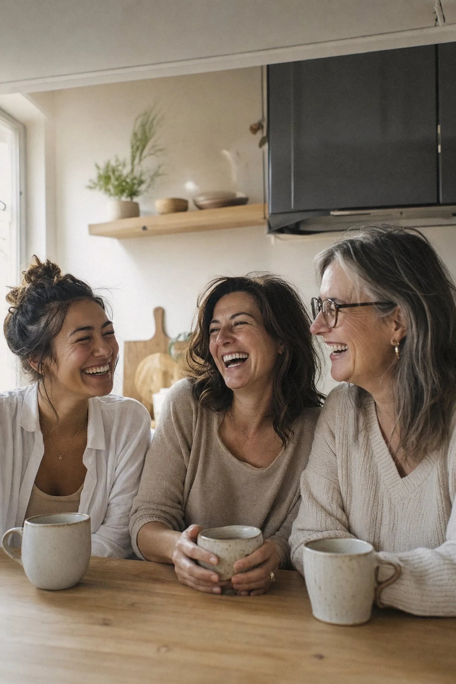 Three women of different ages talking at a kitchen table