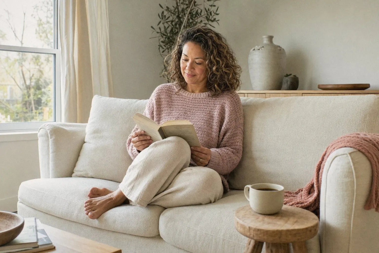 Woman reading on a sofa in a bright living room