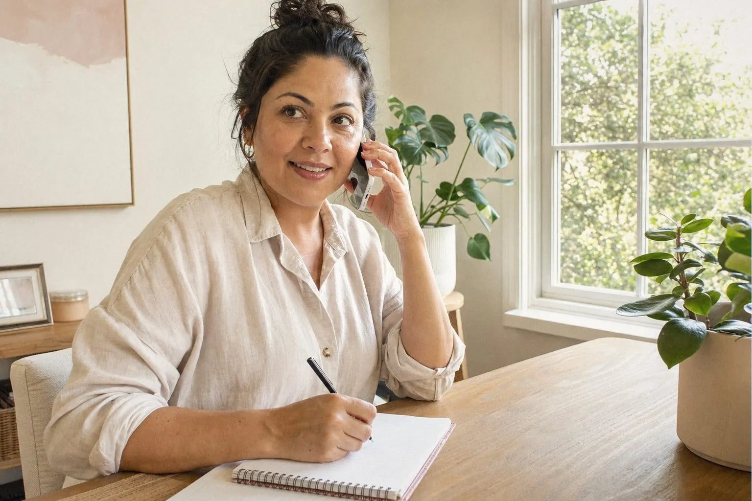 Woman on the phone at a sunny desk, taking notes