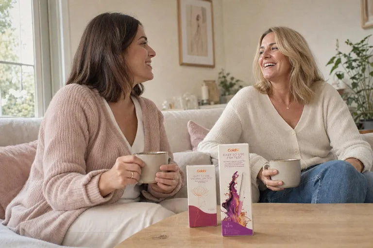 Two women talking on a sofa, GoldN test boxes on the coffee table
