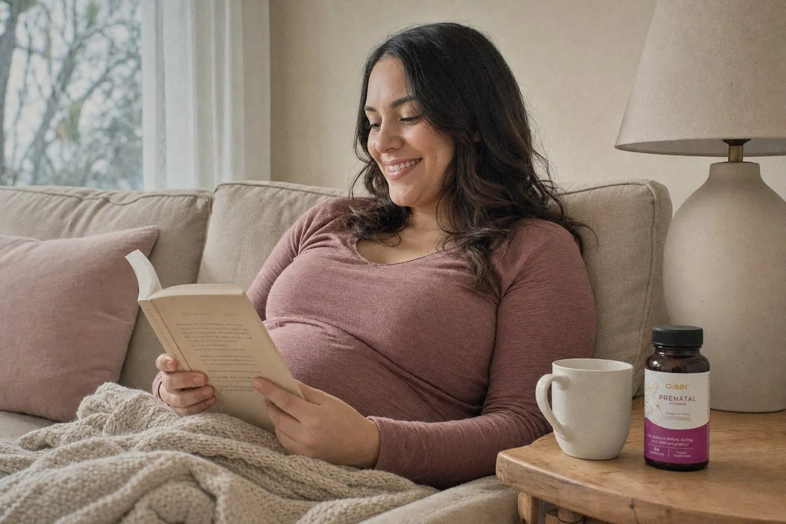 Woman on a sofa with a book, a GoldN Prenatal Vitamin bottle on the side table