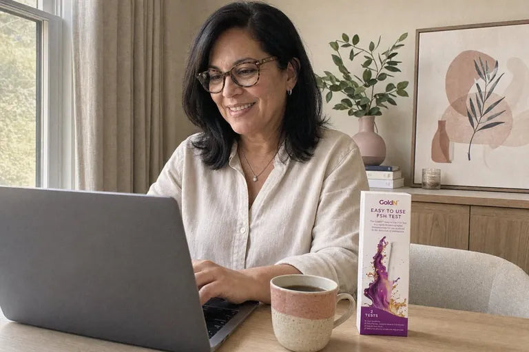 Woman working at a home desk, a GoldN FSH Test box beside her mug