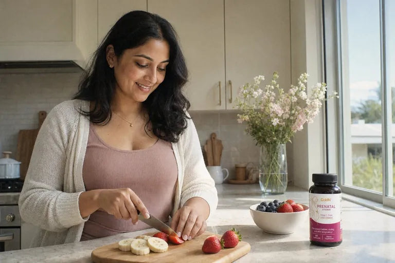 Woman slicing fruit at a kitchen counter, a GoldN Prenatal Vitamin bottle beside the berries