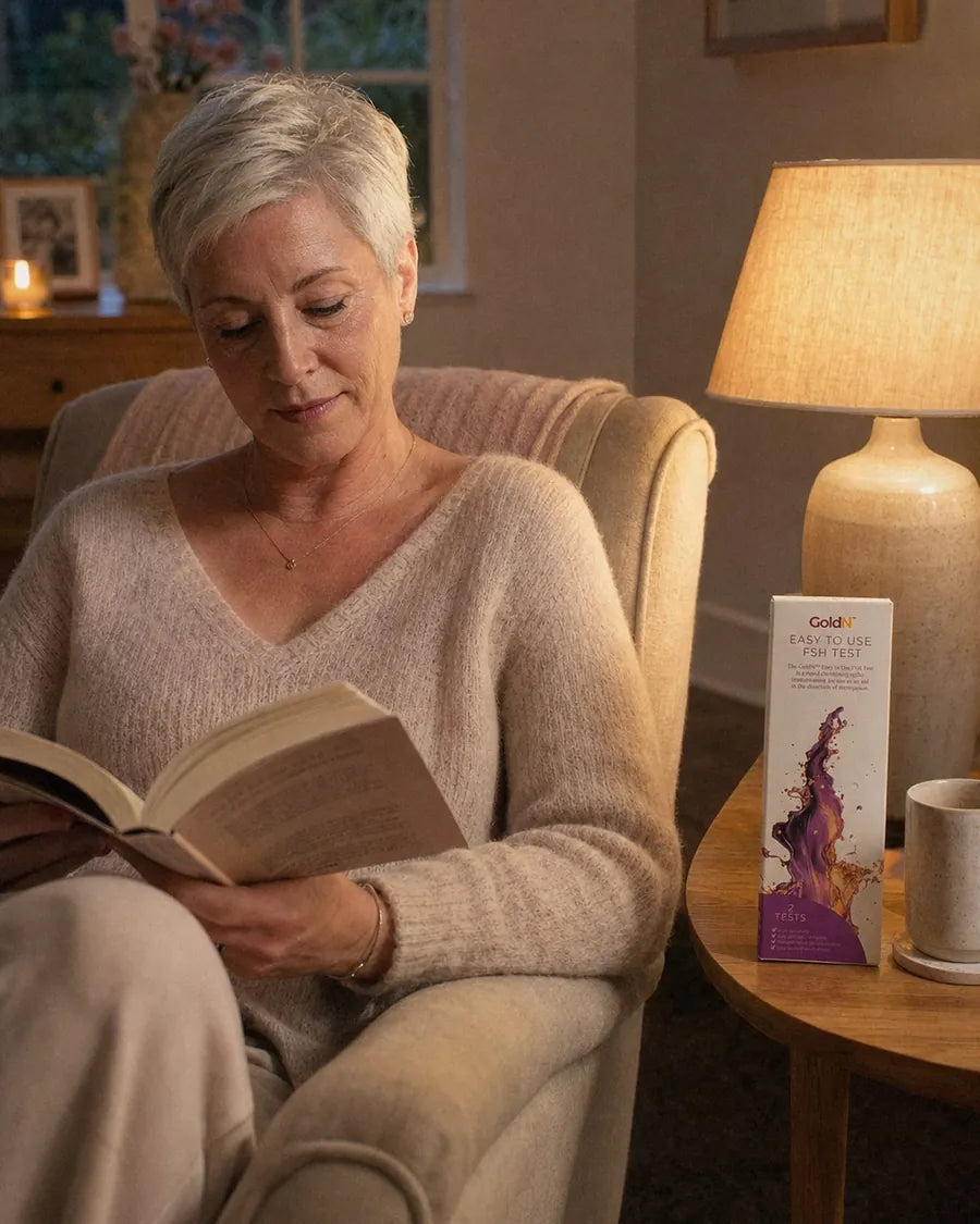 Woman reading by lamp light in the evening, a GoldN FSH Test box on the side table