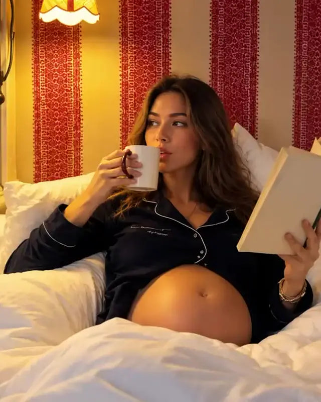 Pregnant woman in bed holding a bottle of GoldN CoQ10 Prenatal